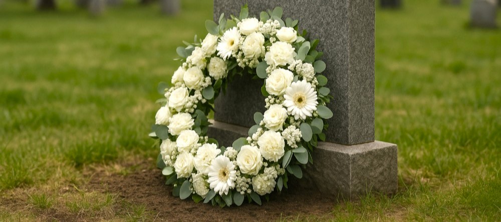 En vakker krans med ulike blomster og grønne blader, plassert ved en steinmur. De jordnære tonene og detaljene i blomstene gir et naturlig og verdig uttrykk, med en uskarp bakgrunn som skaper dybde i bildet. Foto.