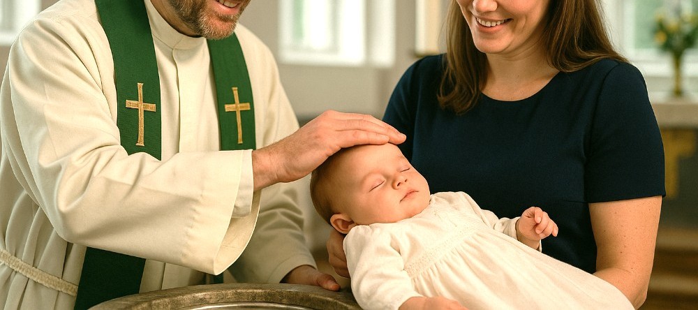 Et nærbilde av en baby kledd i en hvit dåpskjole, liggende på et mykt, hvitt underlag. Babyen har blå øyne og holder hendene nær munnen, med et uttrykk som signaliserer undring eller nysgjerrighet. Foto.