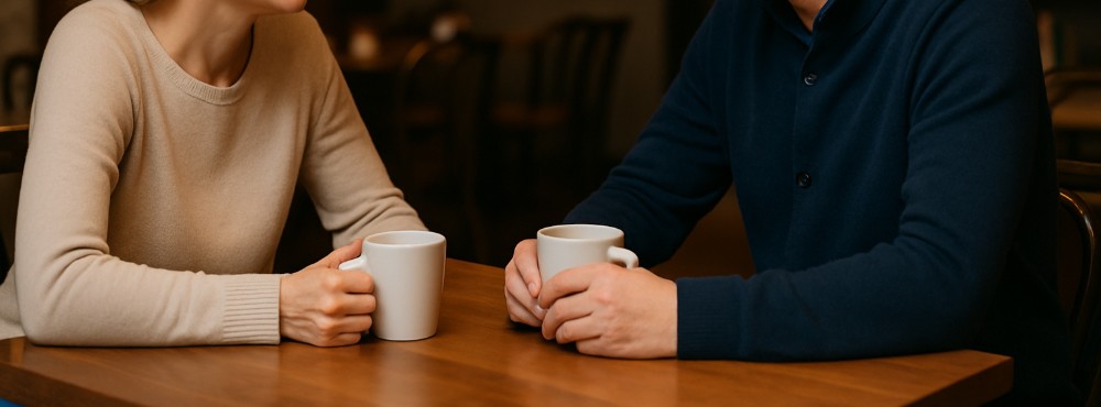 To voksne sitter sammen på en kafé, dypt i samtale, en scene som uttrykker fellesskap, dialog og nærhet. Foto.